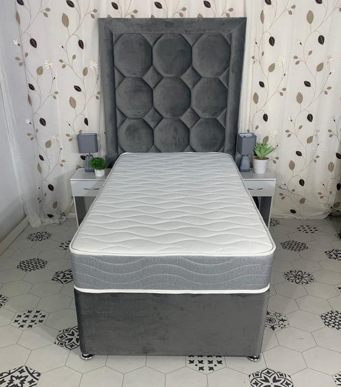 Grey & White Memory Foam & Spring Quilted Mattress. 3 Depth Options